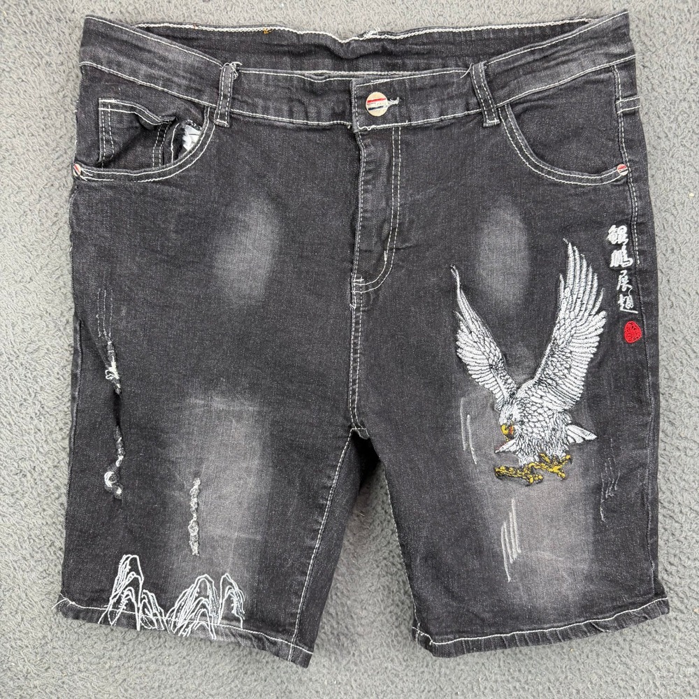 Jeans Fashion Casual Mens Black Distressed Eagle Embroidered Jean Shorts Size 36